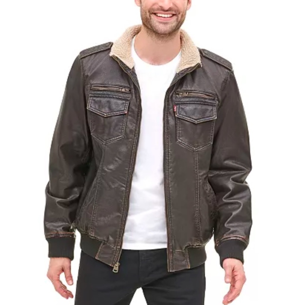 Levi’s Men's Brown Leather Jacket w Sherpa Collar